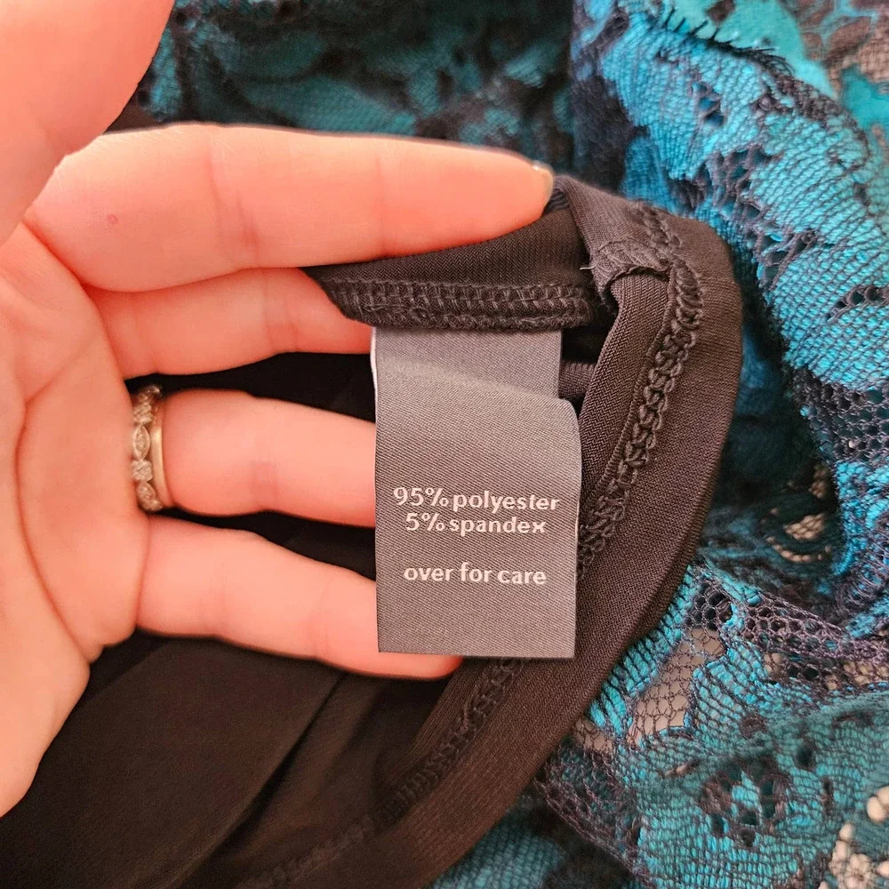 NWT The Limited Sz L Turquois & Black Lace Fairy Whimsigoth Sheer V-neck Blouse‎